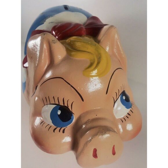 Piggy Bank VTG Molded Wood Fiber Mid Century MOD or Earlier Hand Painted 12.5" - Picture 2 of 8